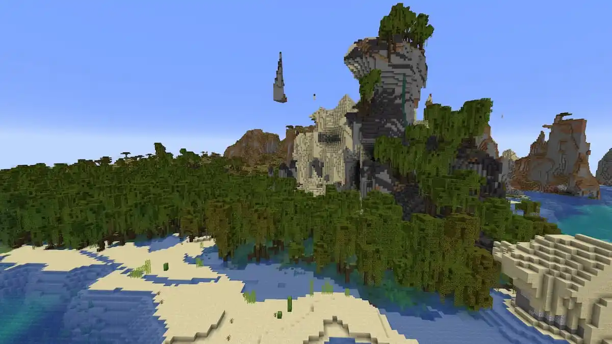 A towering Mangrove Spiral right next to the spawn area in a Minecraft seed.