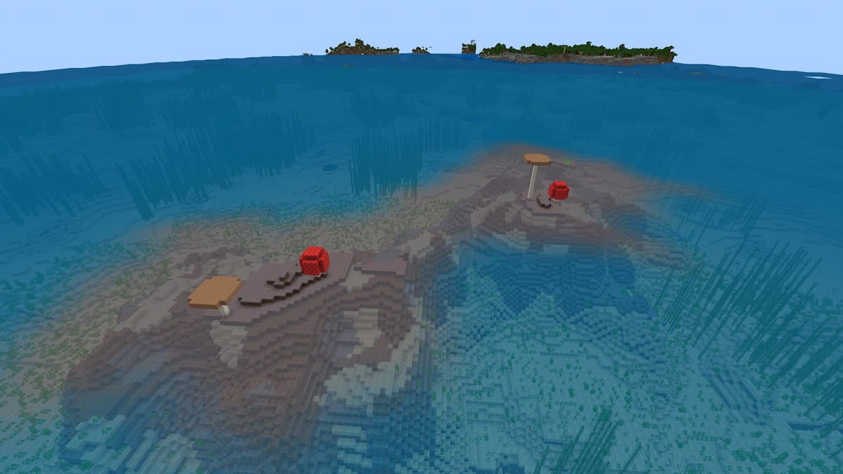 Two mini Mushroom Islands in front of an Ocean Monument in Minecraft.
