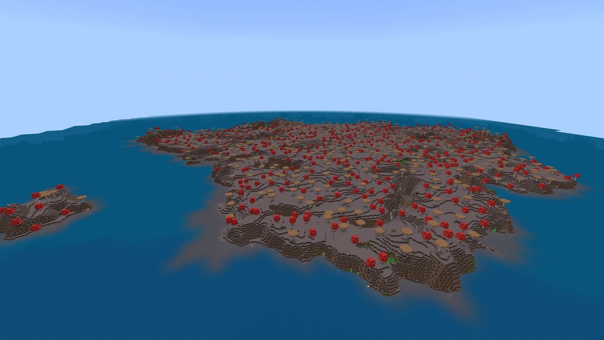 A large Minecraft Mushroom Island next to a tiny Mushroom Island.