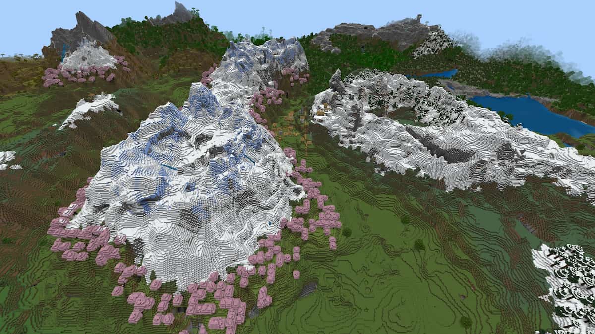 A series of snowy and icy mountains surrounded by Cherry Groves and two Plains Villages.