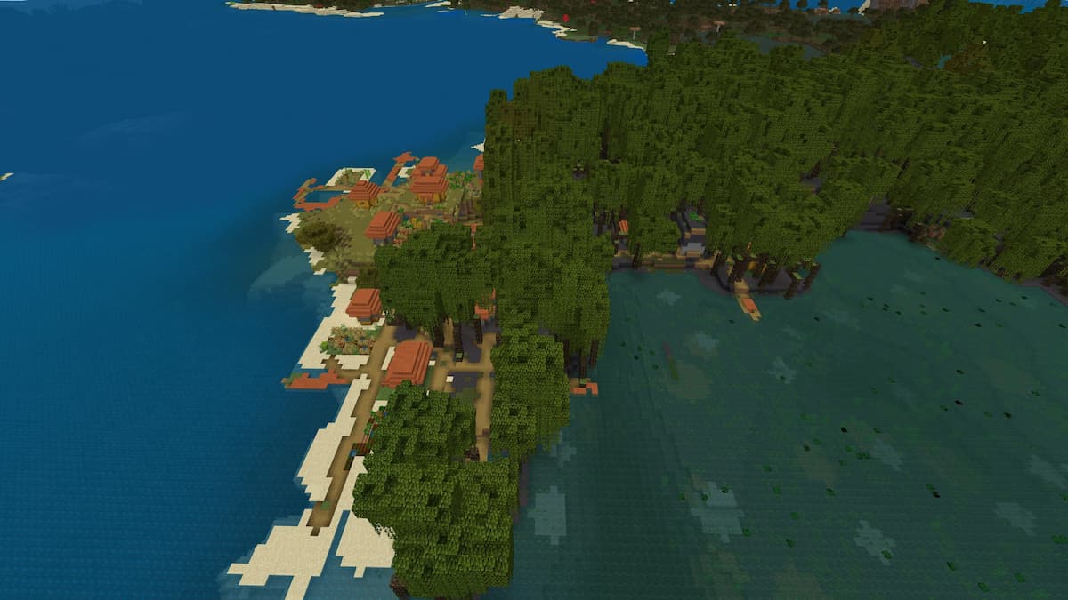 A Minecraft Savanna Village merged with a Mangrove Swamp.
