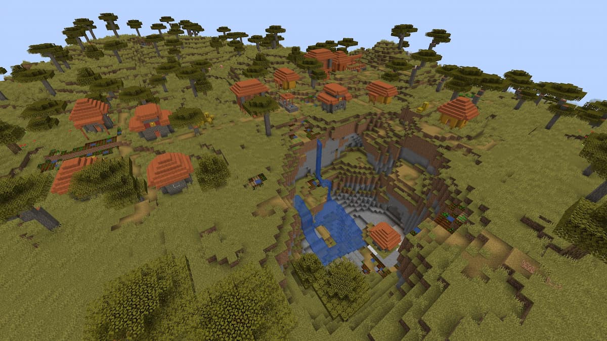 A Savanna Village with one home trapped in a cave.