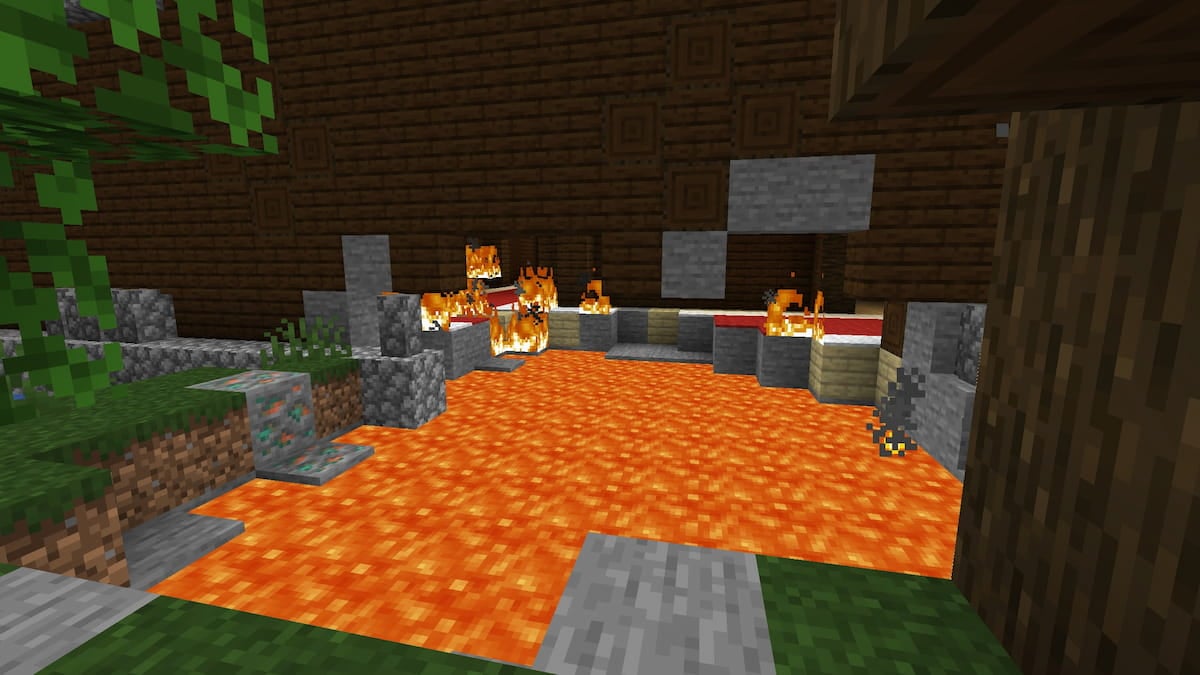 A Woodland Mansion catching on fire by a lava pool.