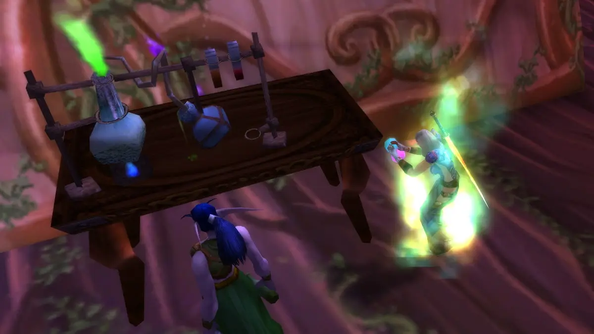 An alchemist mixes potions near an alchemy setup.
