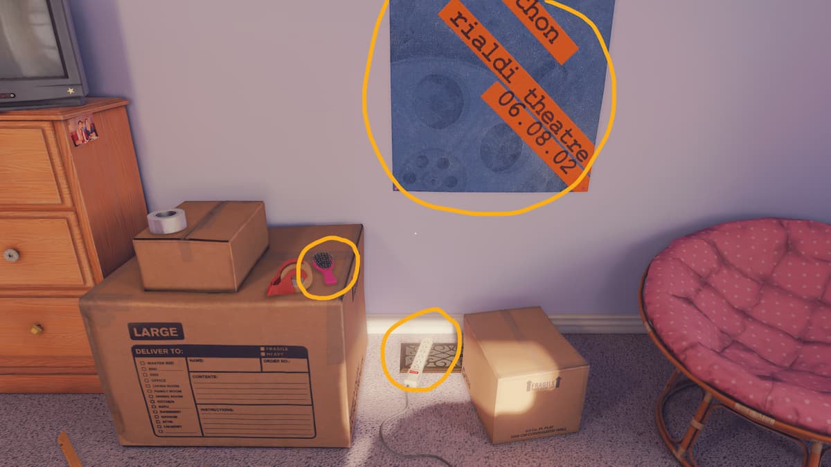 The area next to the boxes in Tess's room in the first part of the Open Roads walkthrough.