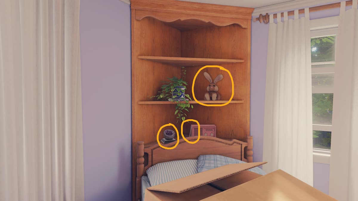 The three items to be picked up from Tess' bookshelf in the Open Roads walkthrough.