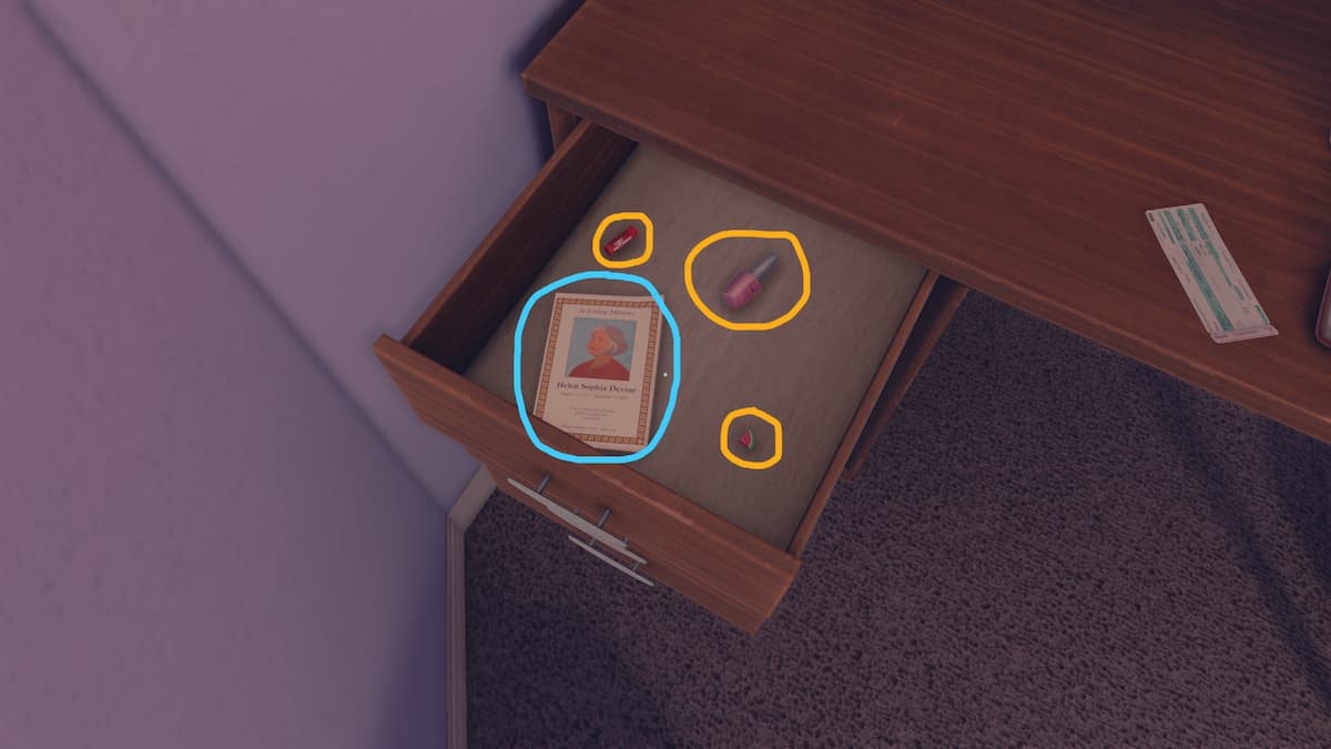 The top drawer of Tess' desk in the Open Roads walkthrough.
