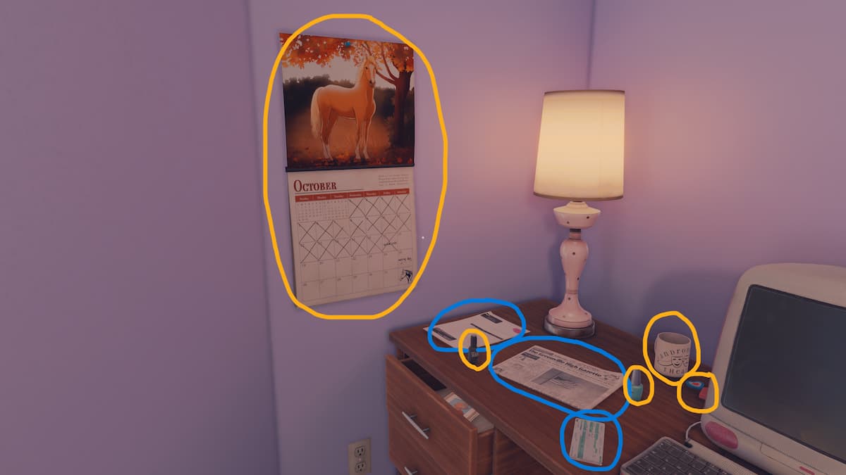 The items on top of Tess' desk in the Open Roads walkthrough.