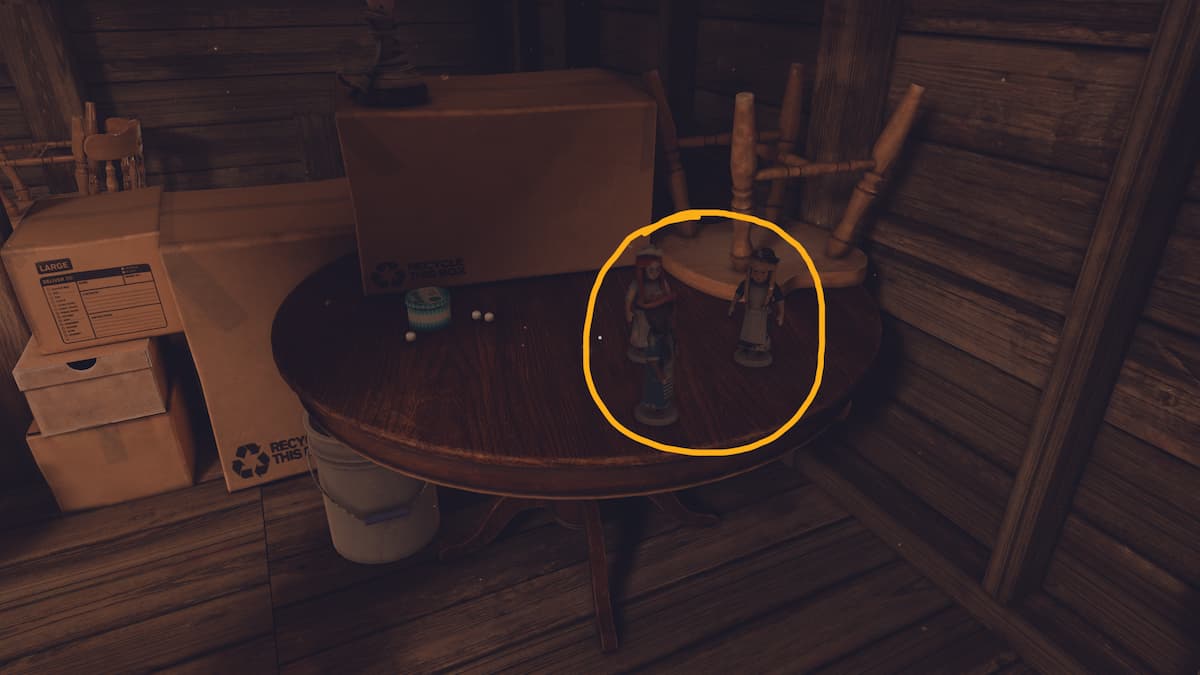 The three creepy dolls on the attic table during the Open Roads walkthrough.