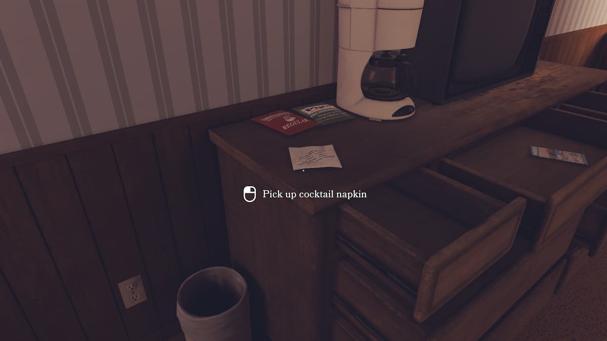A cocktail napkin to text Francine about during the chapter 4 walkthrough of Open Roads.