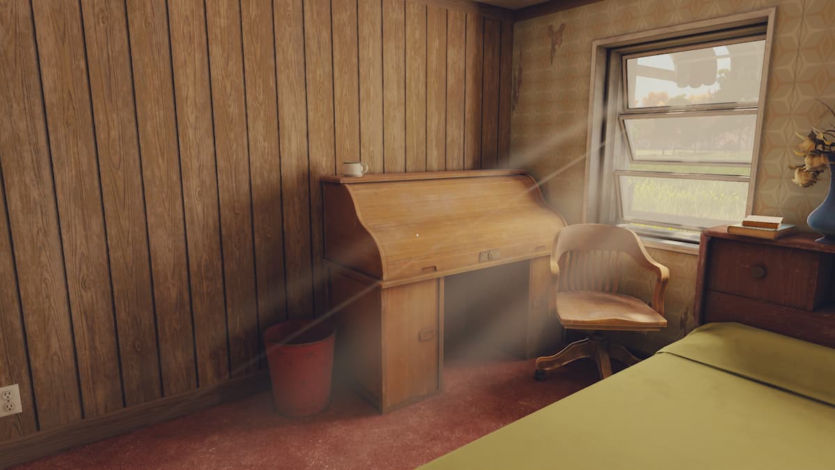 Inspecting the locked room's desk in our walkthrough of Open Roads.