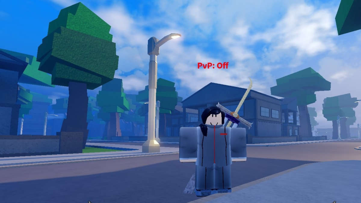 Roblox character from Reaper 2 standing with a sword in the road, with buildings and trees in the background.
