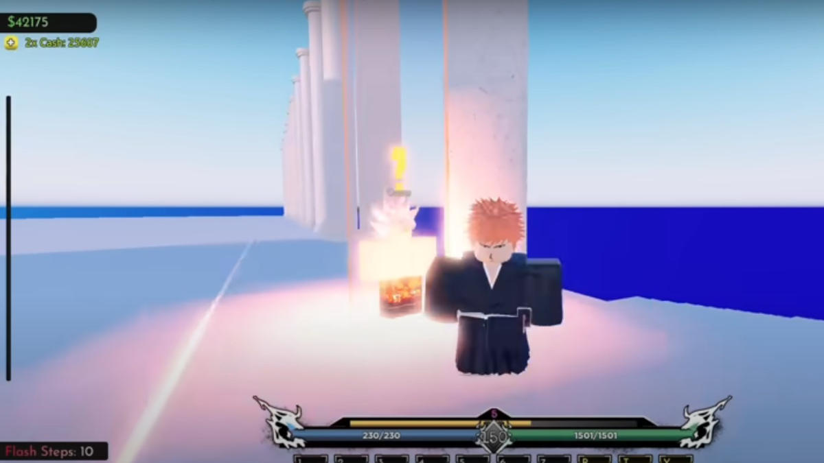 A white background with water, with a Roblox Reaper 2 character stood looking at the screen.