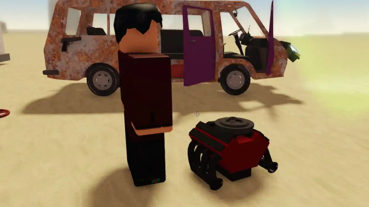 A player standing next to the red and black colored engine in A Dusty Trip