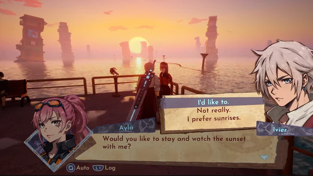 An interaction between the player and a red-haired girl named Ayla in Runa.