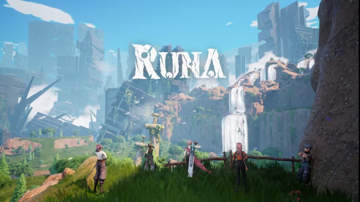 The word Runa depicted over an image of four characters on a cliffside looking at the world in front of them.