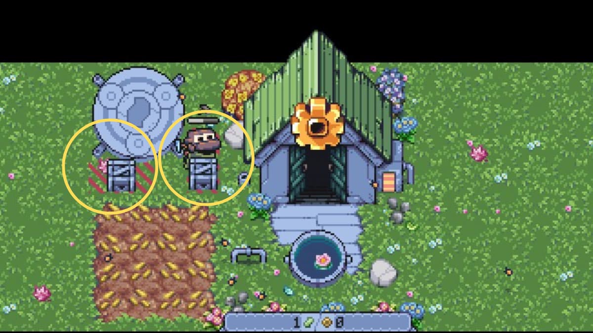 Constructing a Water Bot and a Harvest Bot next to a wheat field in Rusty's Retirement.