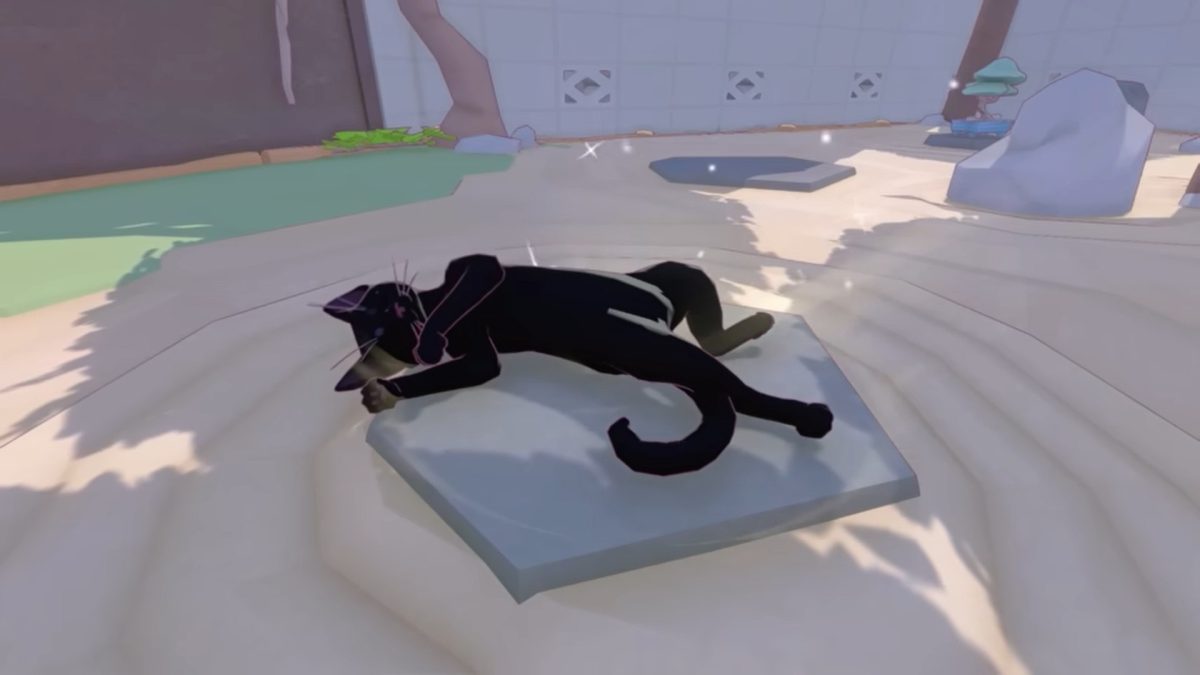 Screenshot of the official Little Kitty, Big City release date trailer.  A black cat lies on its back in the shade.  There are spots of sun all around on the ground, and flashes indicate the cat's happiness.