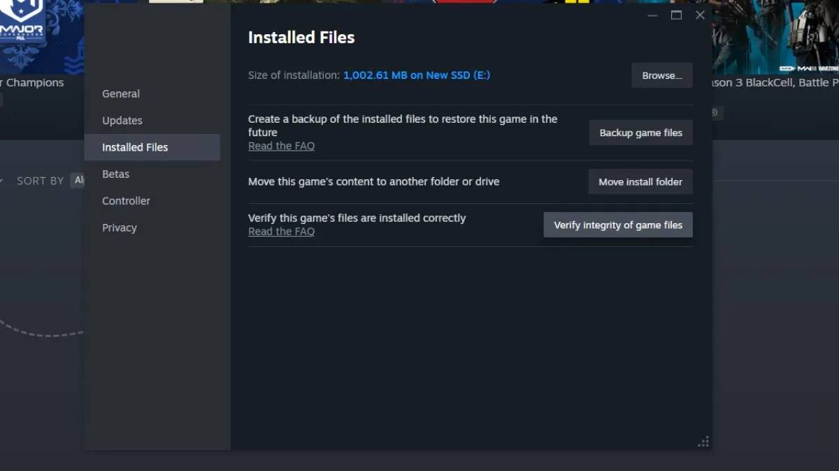 Steam game file control menu
