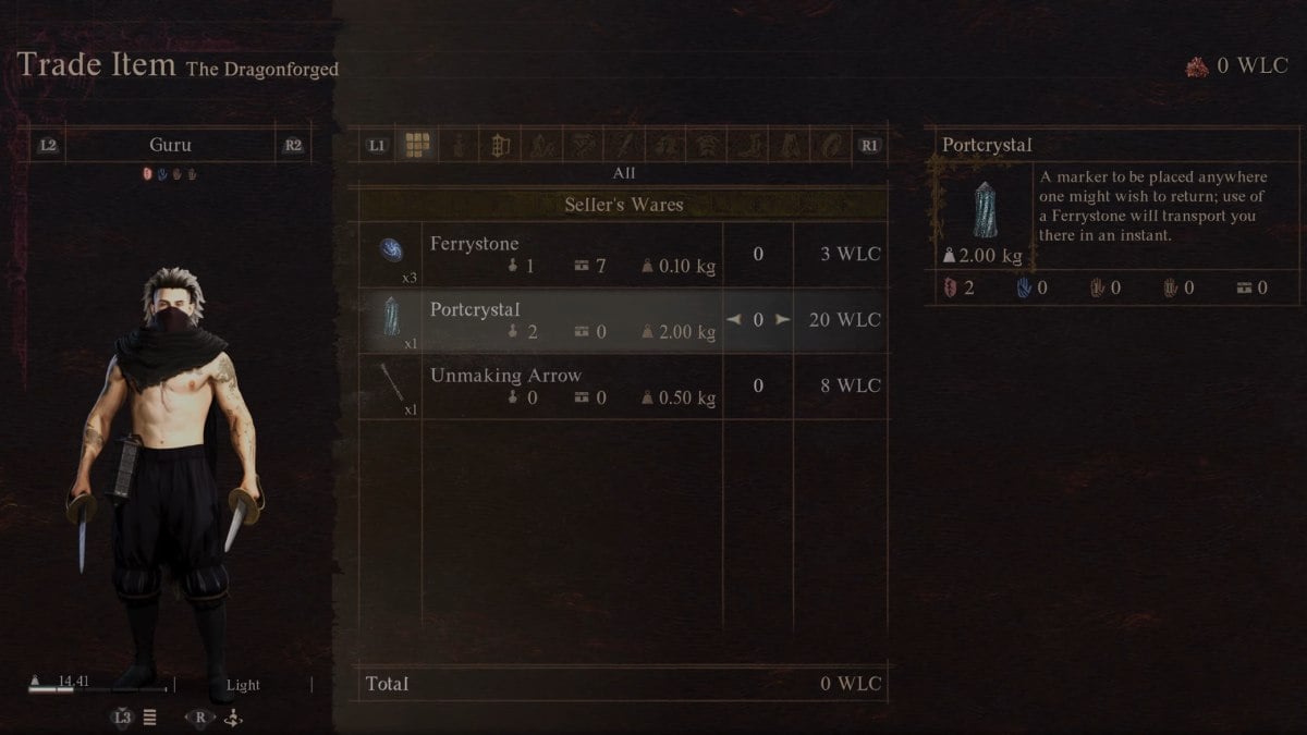 Purchasing Portcrystal and Ferrystone from the Dragonforged NPC in Dragon's Dogma 2