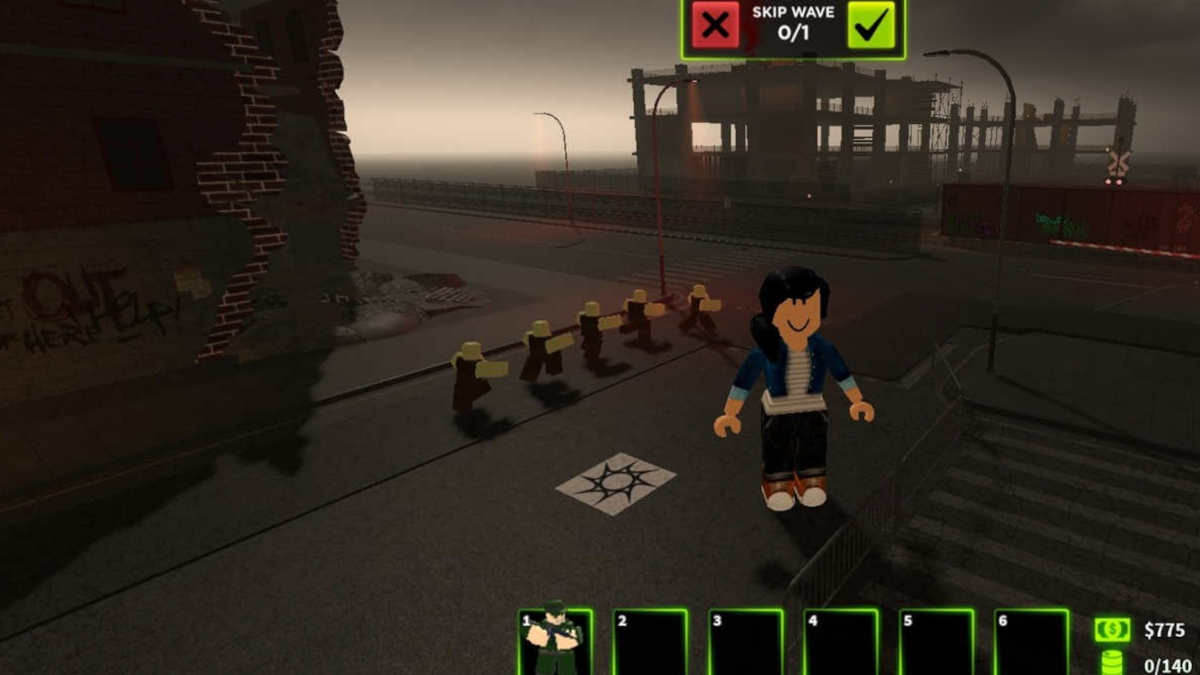 Female Roblox character from Tower Defense standing in a dark background with broken buildings and other Roblox characters walking towards her.