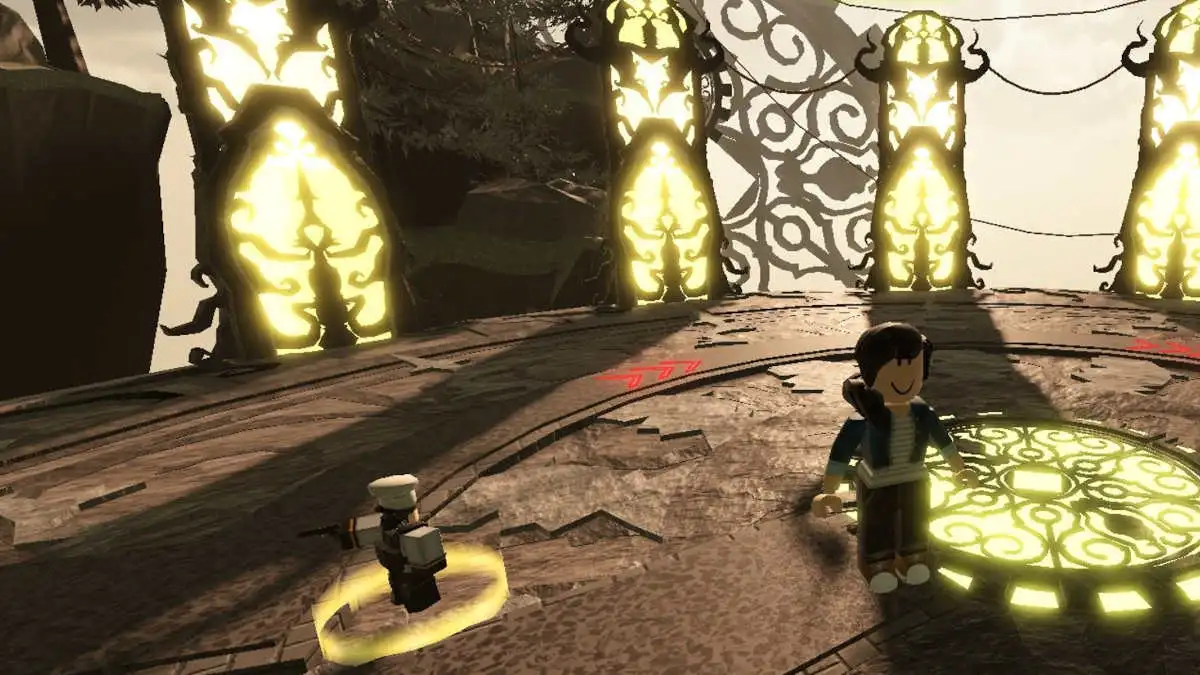 Roblox Tower Defense X screenshot showing a female Roblox character standing on a platform with yellow lights surrounding it.