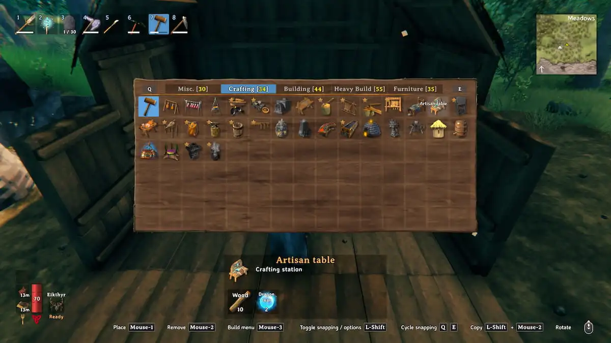 The crafting menu in Valheim, hovering over the Artisan's Table