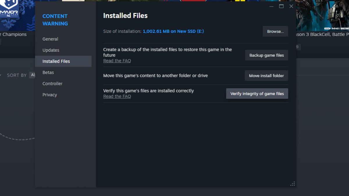 Verifying Content Warning files on Steam