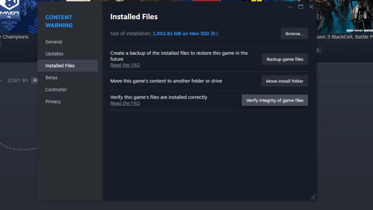 Verifying Content Warning files on Steam