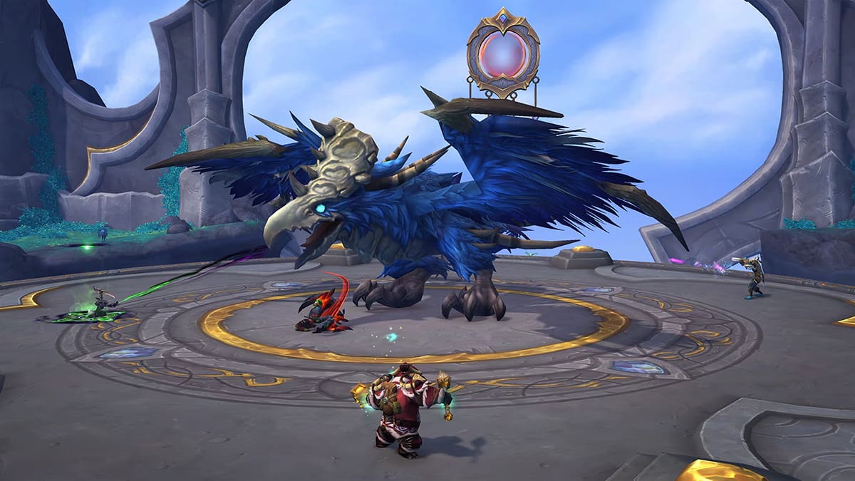 Dungeon team fighting bird boss in World of Warcraft Dragonflight