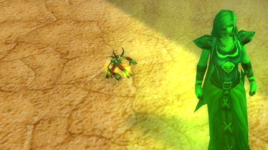 A warlock with her explorer Imp in in World of Warcraft: Season of Dsicovery (WoW SoD).