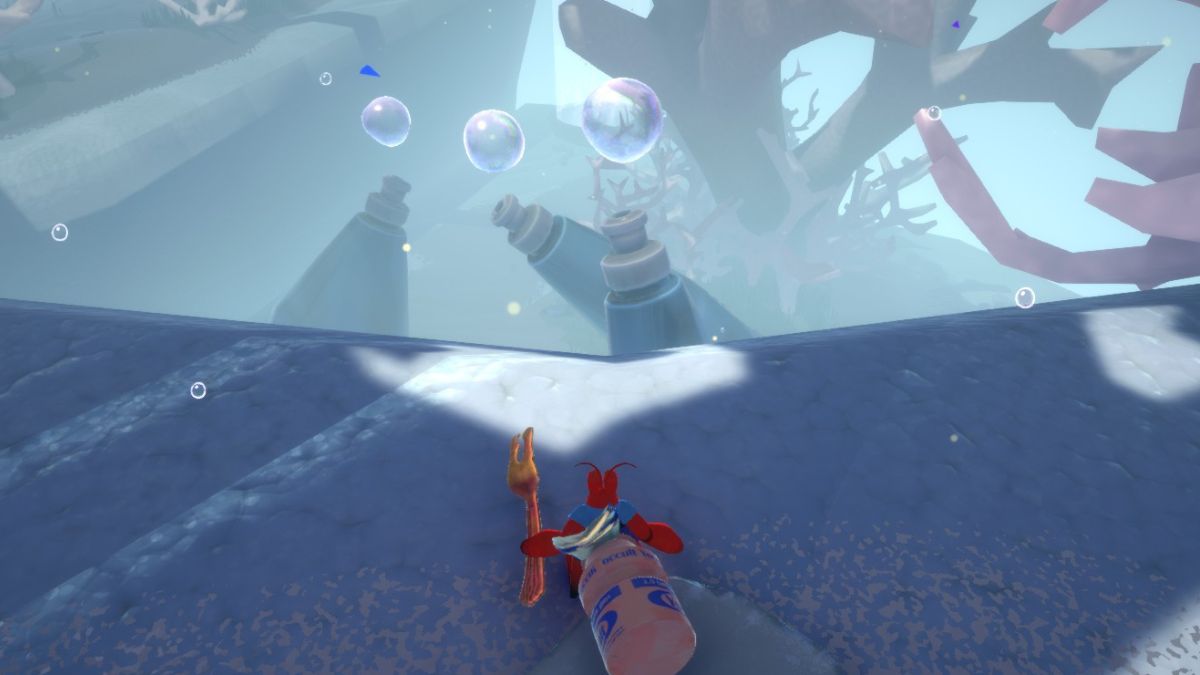 Kril about to cross the abyss with a bubble platform in Another Crab's Treasure