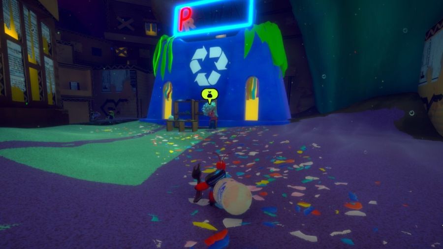 Kril standing in front of Prawnathan’s shop in the Lower Crust of New Carcinia