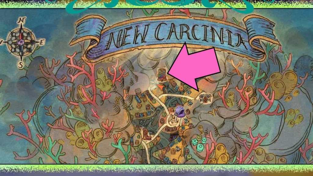 Map of New Carcinia with a marker pointing to the Shellfish Desires shop where you can purchase shell insurance in Another Crab's Treasure