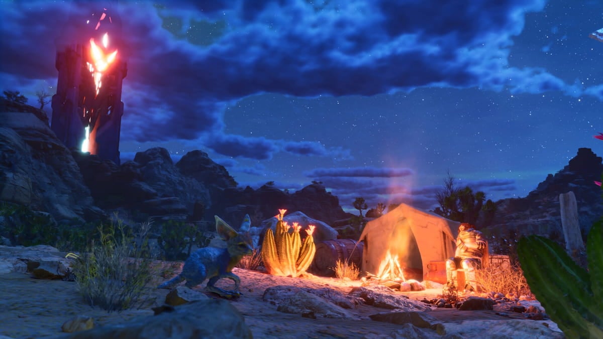 Player sitting next to a fire in ARK Scorched Earth Ascended
