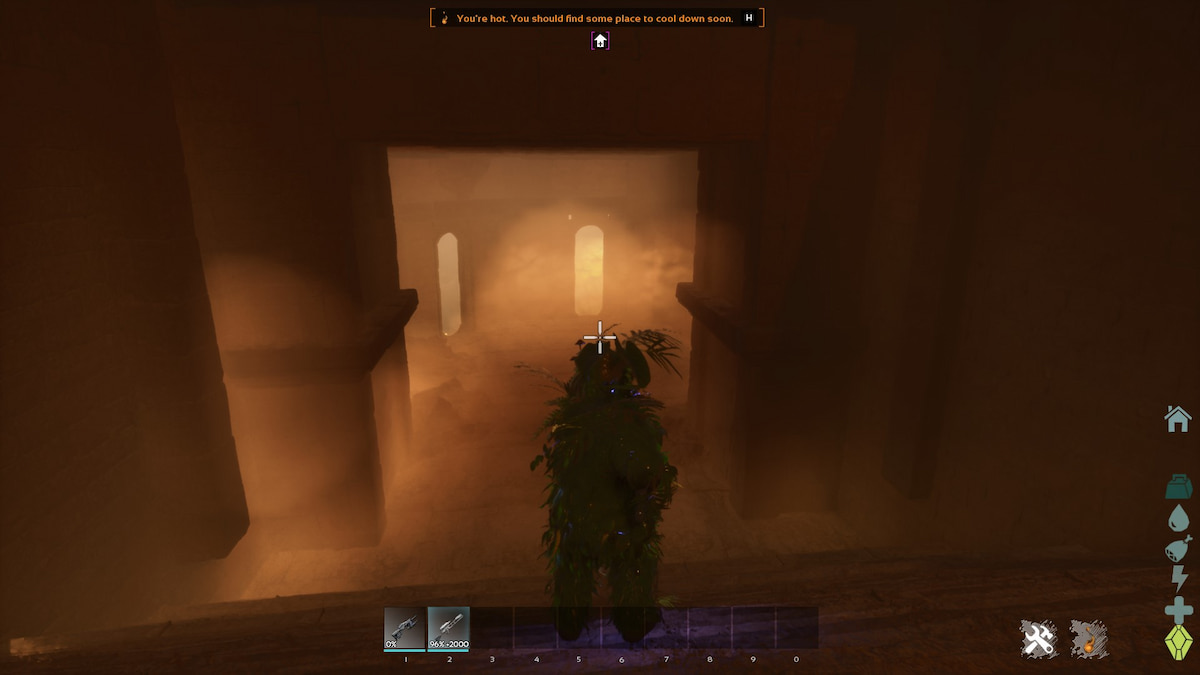Player in Ghillie armor descending the stairway of the Church Cave