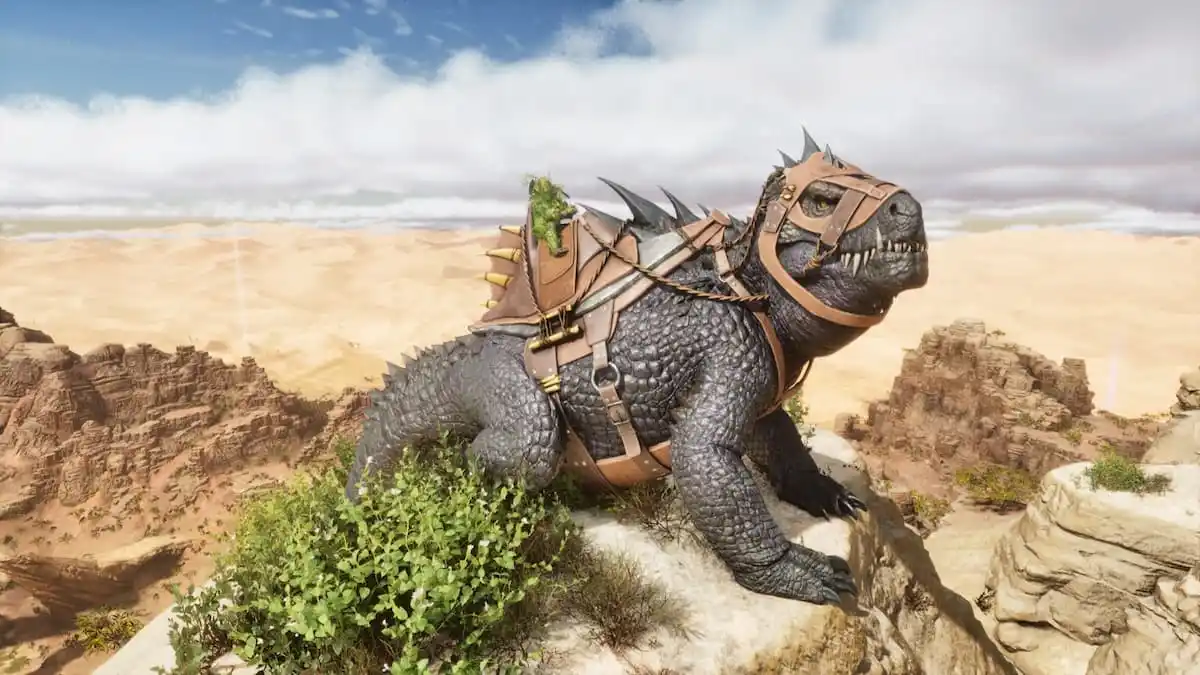 Player in Ghillie Armor riding a Tamed Fasolasuchus equipped with a Fasolasuchus Saddle in ARK Survival Ascended Scorched Earth