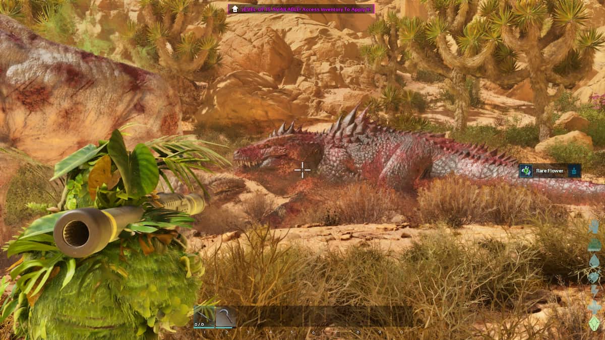 Player in Ghillie Armor aiming a Rocket Launcher at a Fasolasuchus in ARK Scorched Earth Ascended