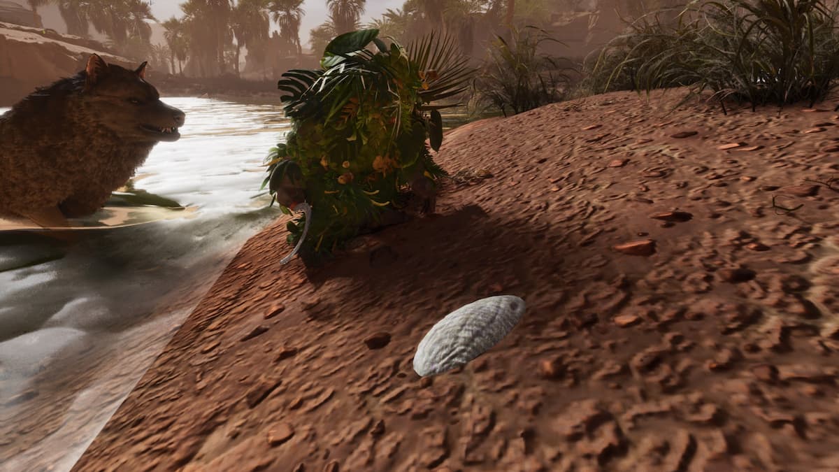 Player crouching above Silica Pearls with a Direwolf standing behind in ARK Scorched Earth Ascended