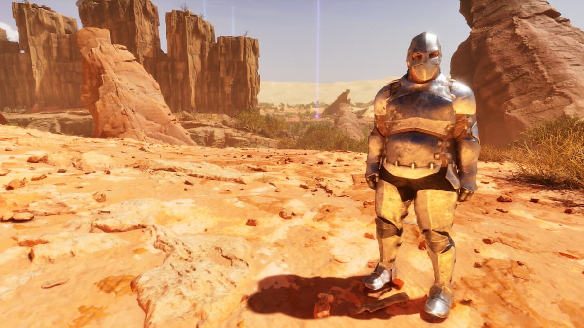 ARK Scorched Earth man in armor posing in a desert