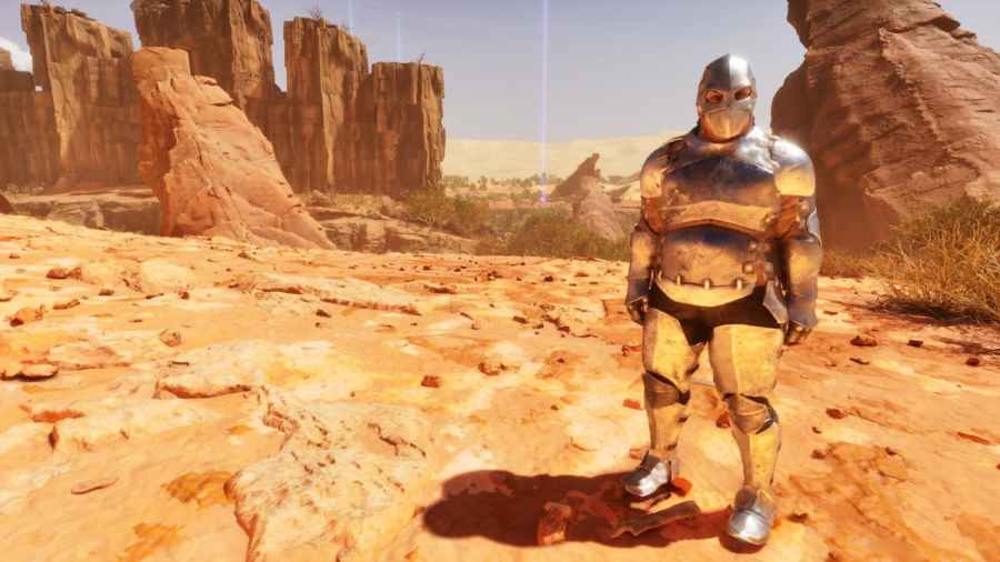 ARK Scorched Earth man in armor posing in a desert