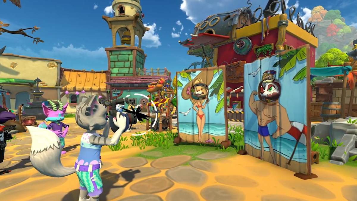 A screenshot from the Critter Cove gameplay trailer. Image shows animal tourists having their picture taken in face cut-out boards on the beach. The animal taking the picture is holding a camera, and there's a belltower in the distance. 