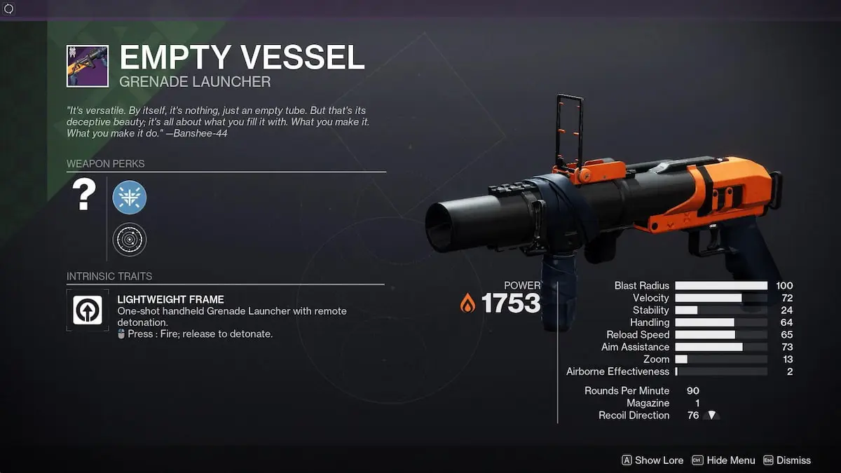 Empty Vessel breech grenade launcher with stats and power.
