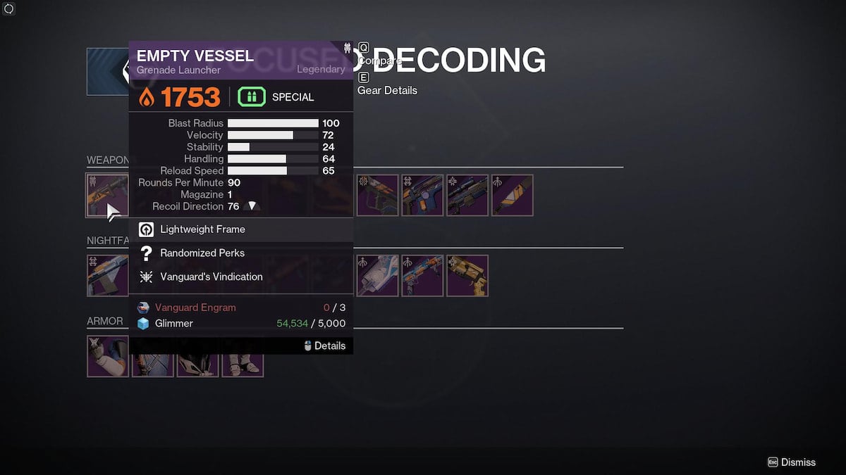 Empty Vessel grenade launcher in Destiny 2 with all the stats and cost.