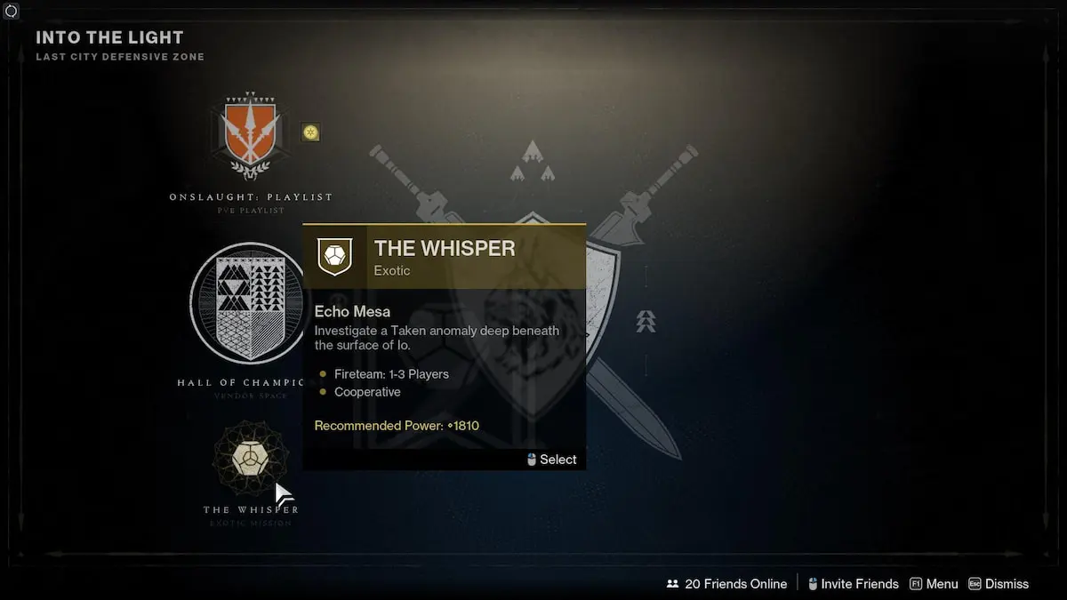 An image of the beginning of The Whisper quest in Destiny 2 Into the Light.