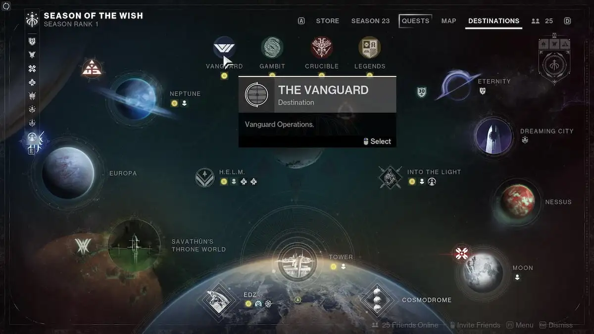 The destinations tab in Destiny 2 with the Vanguard destination selected.