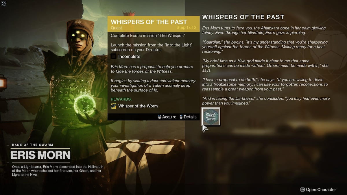 An image of Eris Morn while acquiring the Whispers of the Past quest in Destiny 2.