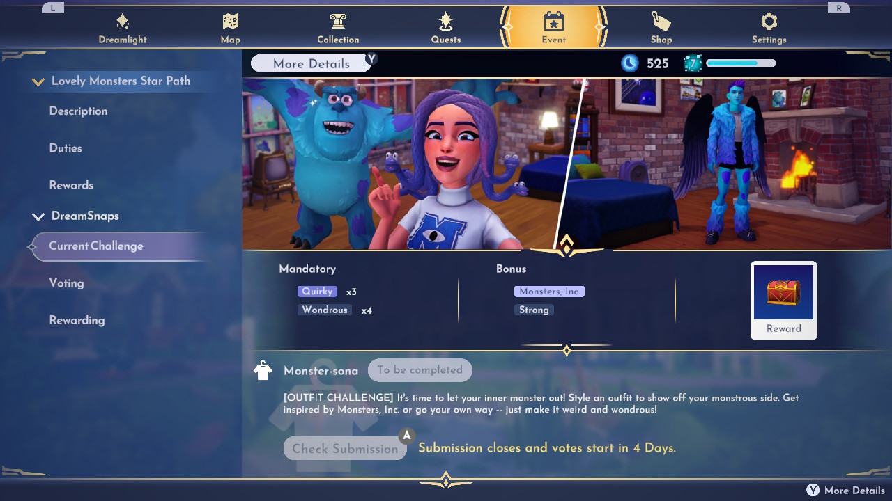 A screenshot of the DreamSnaps submission menu in Disney Dreamlight Valley showing the Monster-sound challenge from April 17, 2024. The example image shows a femme-presenting avatar taking a selfie with Sulley from Monster's Inc.