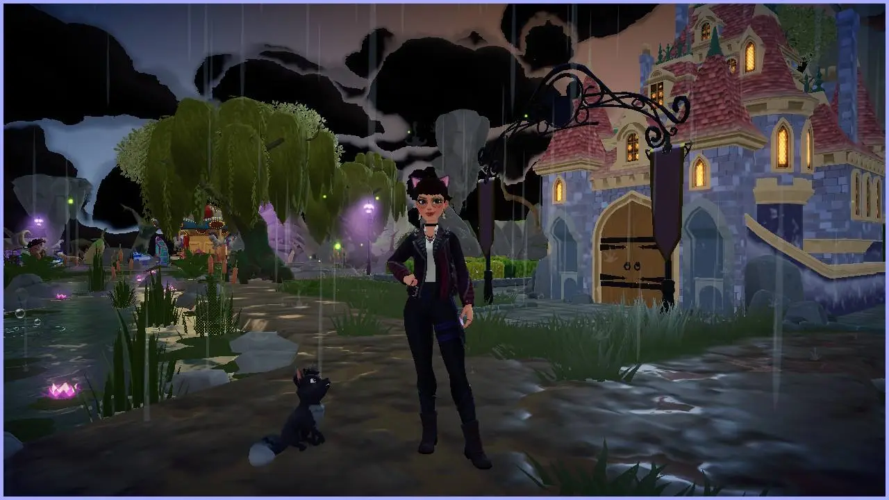 A fem-presenting avatar from Disney Dreamlight Valley is dressed all in black, wearing a pair of black cat ears and a white shirt. They stand in the rain with black clouds above them in a swampy scene, with a black fox staring up at them from the ground.