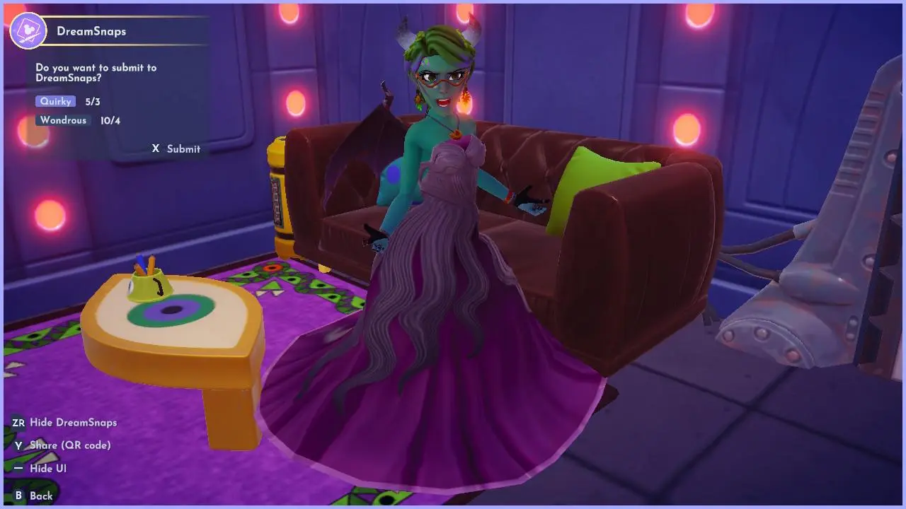 A fem-presenting Disney Dreamlight Valley avatar dressed up for the Monster-sona challenge. They have horns, teal skin, green and purple hair, and are wearing a purple sea witch dress with tentacle details. They're standing in a pose that makes them look villianous, with their arms bent and hands in a claw shape.